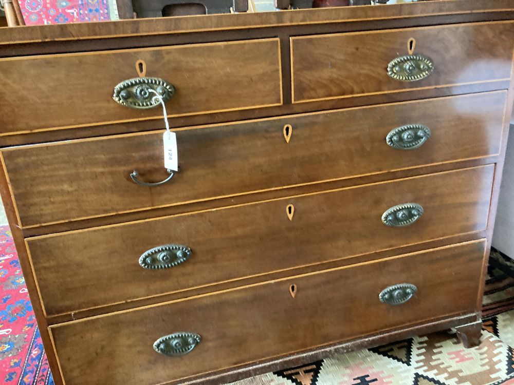 A Regency banded mahogany chest fitted two short drawers and three long drawers, width 109cm, depth 55cm, height 90cm